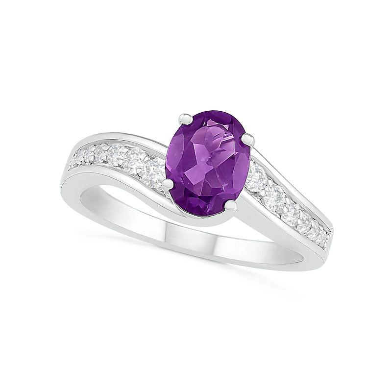Oval Amethyst and White Lab-Created Sapphire Bypass Bridal Engagement Ring Set in Sterling Silver