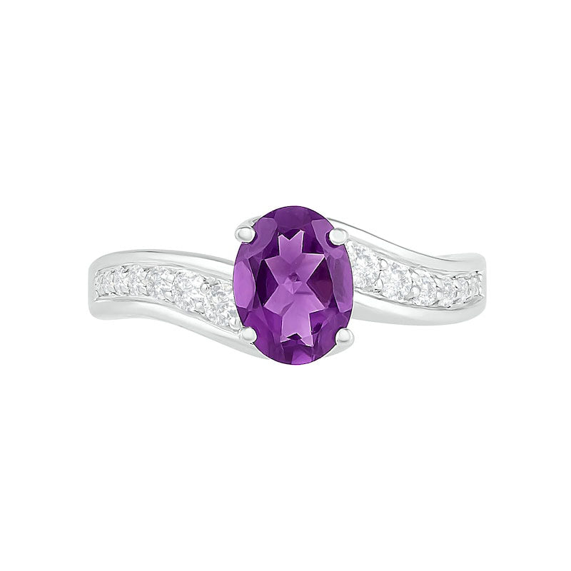 Oval Amethyst and White Lab-Created Sapphire Bypass Bridal Engagement Ring Set in Sterling Silver