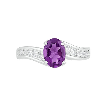 Oval Amethyst and White Lab-Created Sapphire Bypass Bridal Engagement Ring Set in Sterling Silver