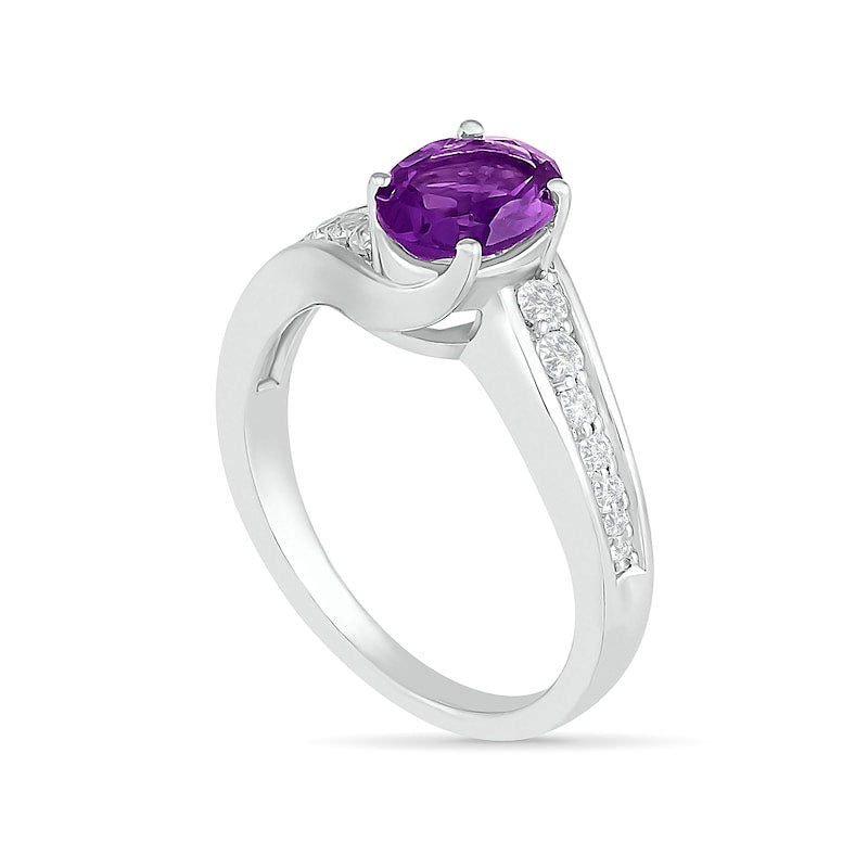 Oval Amethyst and White Lab-Created Sapphire Bypass Bridal Engagement Ring Set in Sterling Silver
