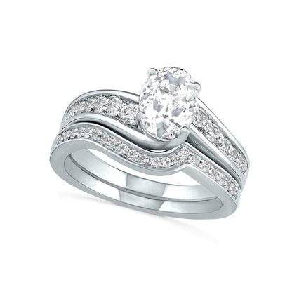 Oval White Lab-Created Sapphire Bypass Bridal Engagement Ring Set in Sterling Silver