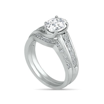 Oval White Lab-Created Sapphire Bypass Bridal Engagement Ring Set in Sterling Silver