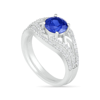 7.0mm Lab-Created Blue and White Sapphire Geometric Pointed Split Shank Bridal Engagement Ring Set in Sterling Silver