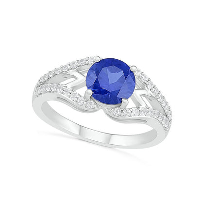 7.0mm Lab-Created Blue and White Sapphire Geometric Pointed Split Shank Bridal Engagement Ring Set in Sterling Silver