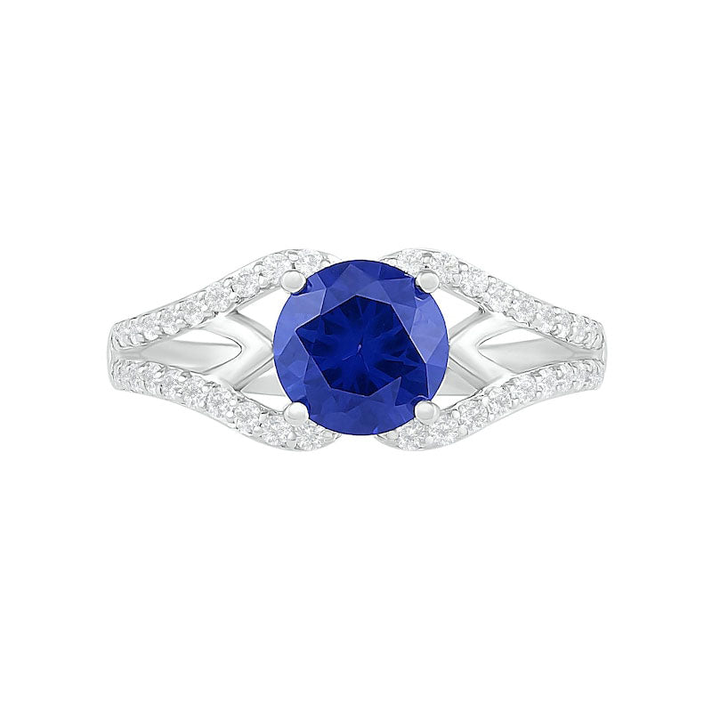 7.0mm Lab-Created Blue and White Sapphire Geometric Pointed Split Shank Bridal Engagement Ring Set in Sterling Silver