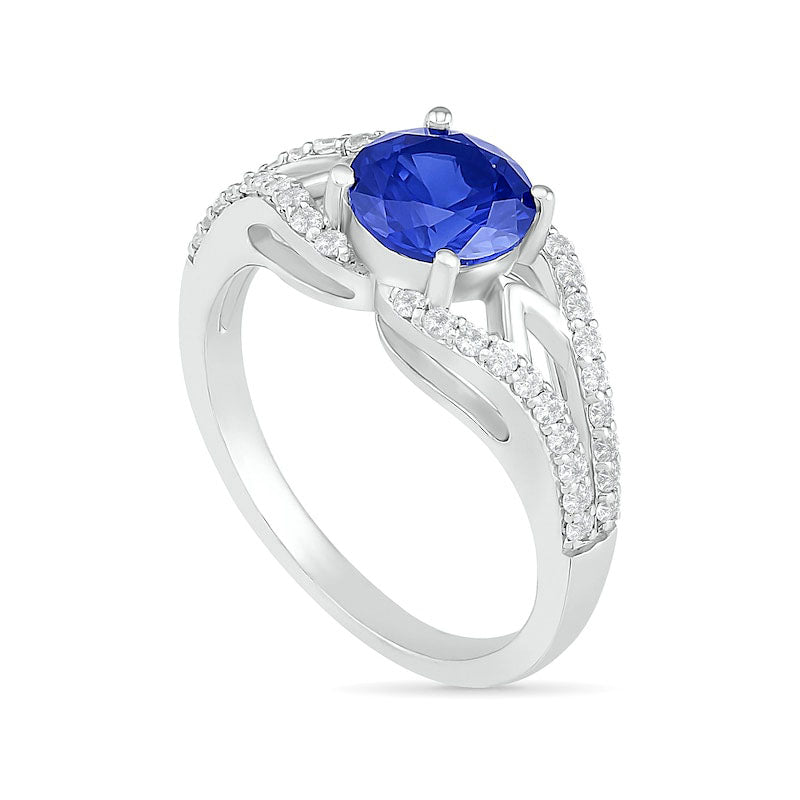 7.0mm Lab-Created Blue and White Sapphire Geometric Pointed Split Shank Bridal Engagement Ring Set in Sterling Silver