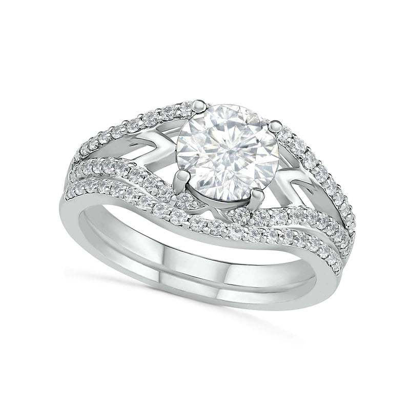 7.0mm White Lab-Created Sapphire Geometric Pointed Split Shank Bridal Engagement Ring Set in Sterling Silver