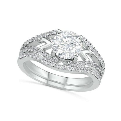 7.0mm White Lab-Created Sapphire Geometric Pointed Split Shank Bridal Engagement Ring Set in Sterling Silver