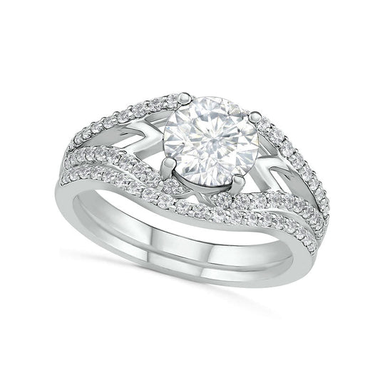 7.0mm White Lab-Created Sapphire Geometric Pointed Split Shank Bridal Engagement Ring Set in Sterling Silver