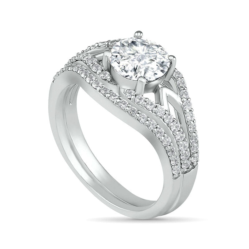 7.0mm White Lab-Created Sapphire Geometric Pointed Split Shank Bridal Engagement Ring Set in Sterling Silver