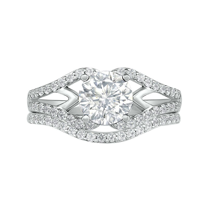7.0mm White Lab-Created Sapphire Geometric Pointed Split Shank Bridal Engagement Ring Set in Sterling Silver