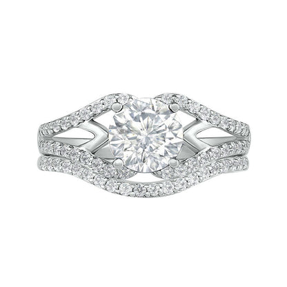 7.0mm White Lab-Created Sapphire Geometric Pointed Split Shank Bridal Engagement Ring Set in Sterling Silver