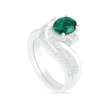Oval Lab-Created Emerald and White Sapphire Side Accent Double Bypass Split Shank Bridal Engagement Ring Set in Sterling Silver