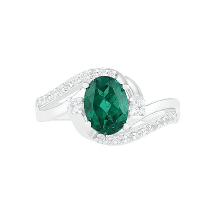 Oval Lab-Created Emerald and White Sapphire Side Accent Double Bypass Split Shank Bridal Engagement Ring Set in Sterling Silver