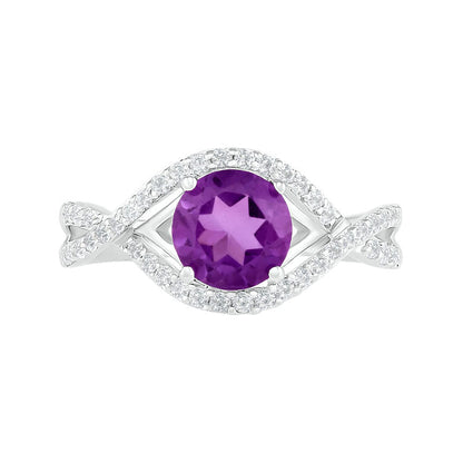 7.0mm Amethyst and White Lab-Created Sapphire Frame Evil Eye Twist Shank Ring in Sterling Silver