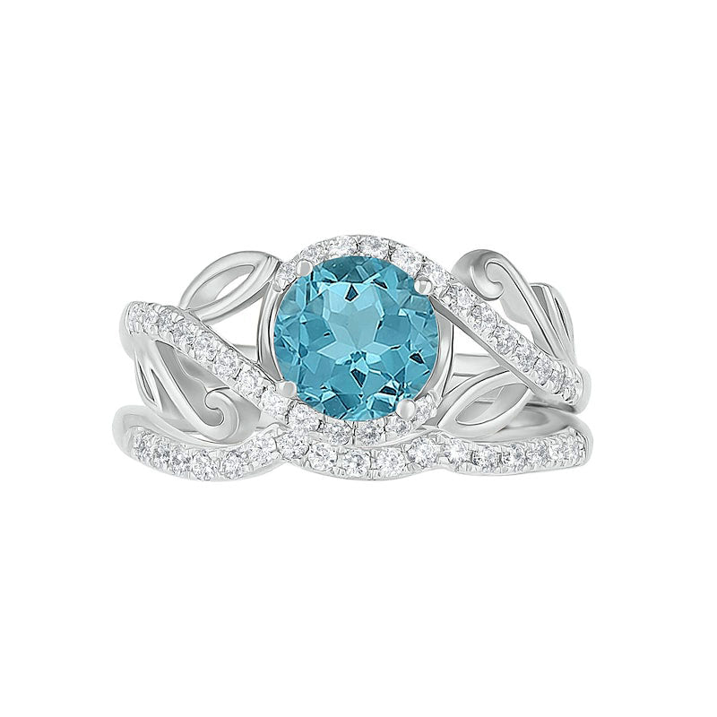 7.0mm Aquamarine and 0.38 CT. T.W. Natural Diamond Bypass Leaf Shank Bridal Engagement Ring Set in Solid 10K White Gold