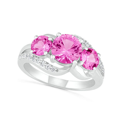 Lab-Created Pink and White Sapphire Three Stone Rolling Wave Split Shank Bridal Engagement Ring Set in Sterling Silver