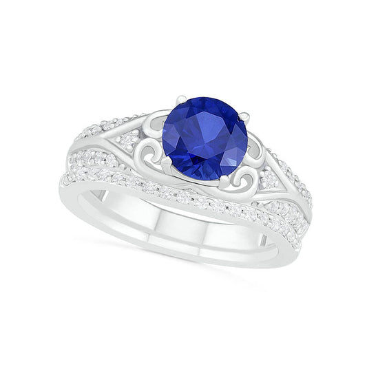 7.0mm Lab-Created Blue and White Sapphire Scroll-Sides Antique Vintage-Style Split Shank Bridal Engagement Ring Set in Sterling Silver