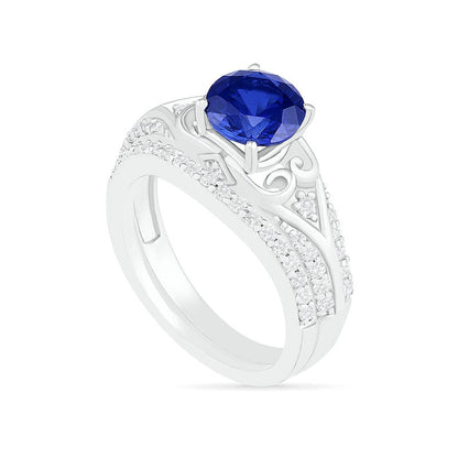7.0mm Lab-Created Blue and White Sapphire Scroll-Sides Antique Vintage-Style Split Shank Bridal Engagement Ring Set in Sterling Silver