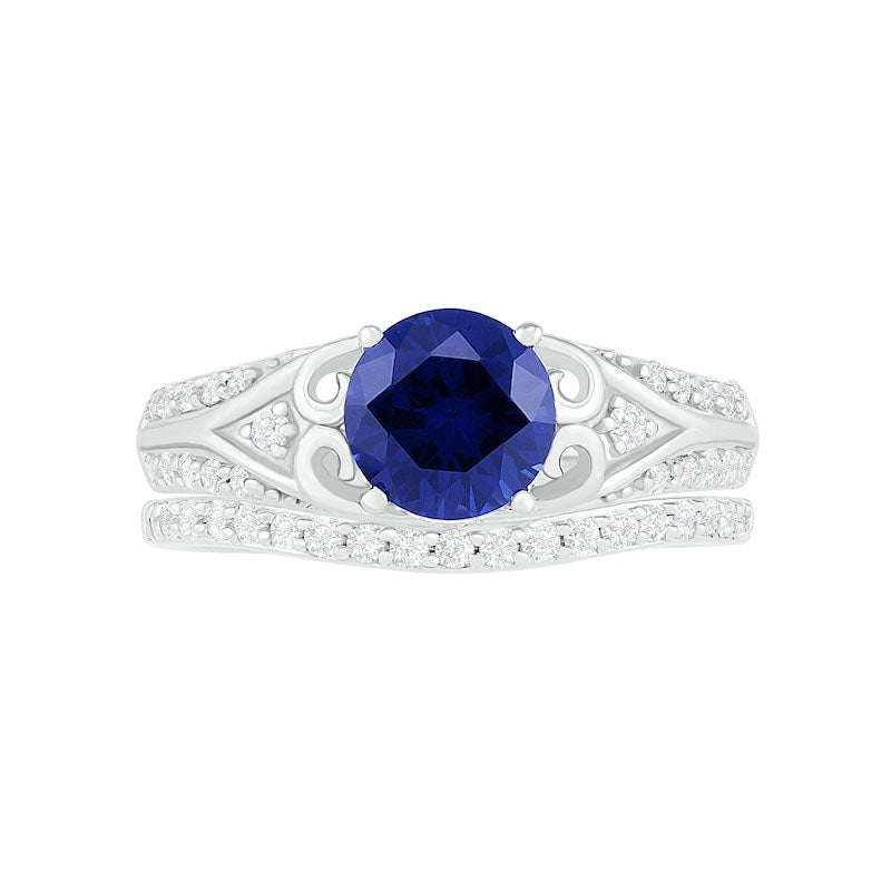 7.0mm Lab-Created Blue and White Sapphire Scroll-Sides Antique Vintage-Style Split Shank Bridal Engagement Ring Set in Sterling Silver