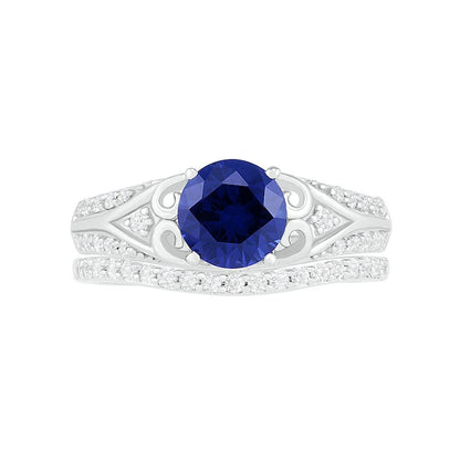 7.0mm Lab-Created Blue and White Sapphire Scroll-Sides Antique Vintage-Style Split Shank Bridal Engagement Ring Set in Sterling Silver
