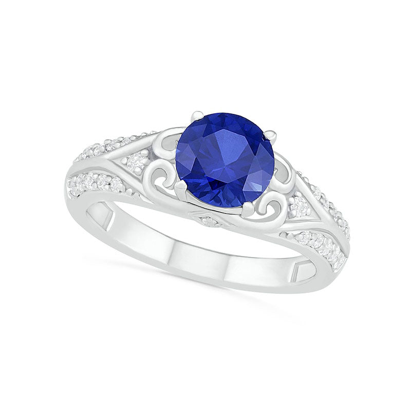 7.0mm Lab-Created Blue and White Sapphire Scroll-Sides Antique Vintage-Style Split Shank Bridal Engagement Ring Set in Sterling Silver
