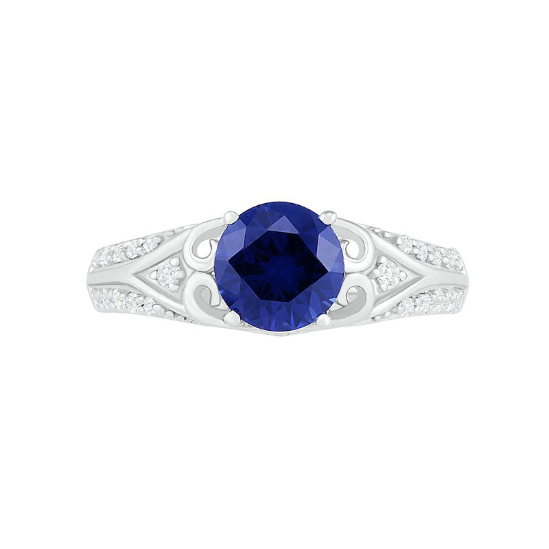 7.0mm Lab-Created Blue and White Sapphire Scroll-Sides Antique Vintage-Style Split Shank Bridal Engagement Ring Set in Sterling Silver