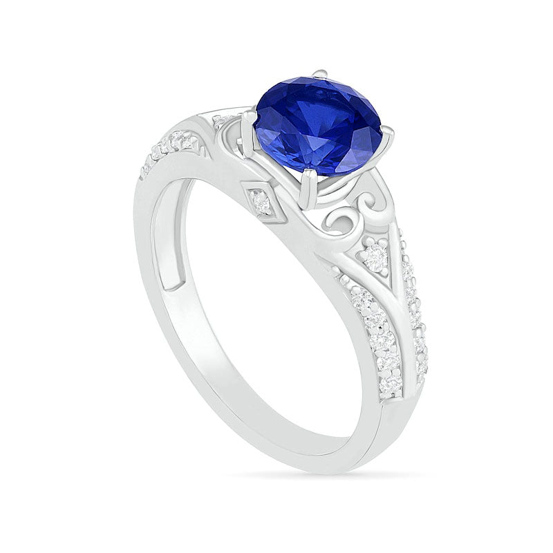 7.0mm Lab-Created Blue and White Sapphire Scroll-Sides Antique Vintage-Style Split Shank Bridal Engagement Ring Set in Sterling Silver
