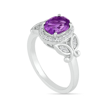 Oval Amethyst and White Lab-Created Sapphire Frame Leaf-Sides Ring in Sterling Silver