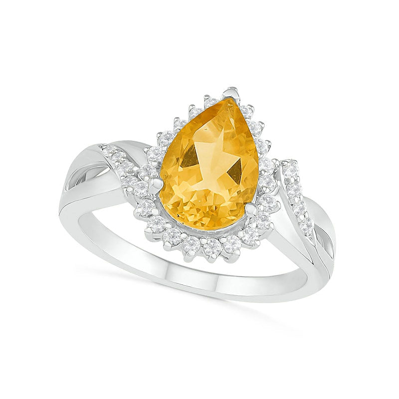 Pear-Shaped Citrine and White Lab-Created Sapphire Starburst Frame Twist Split Shank Ring in Sterling Silver