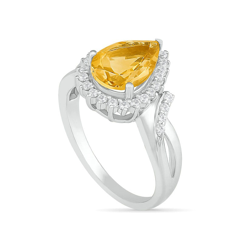 Pear-Shaped Citrine and White Lab-Created Sapphire Starburst Frame Twist Split Shank Ring in Sterling Silver