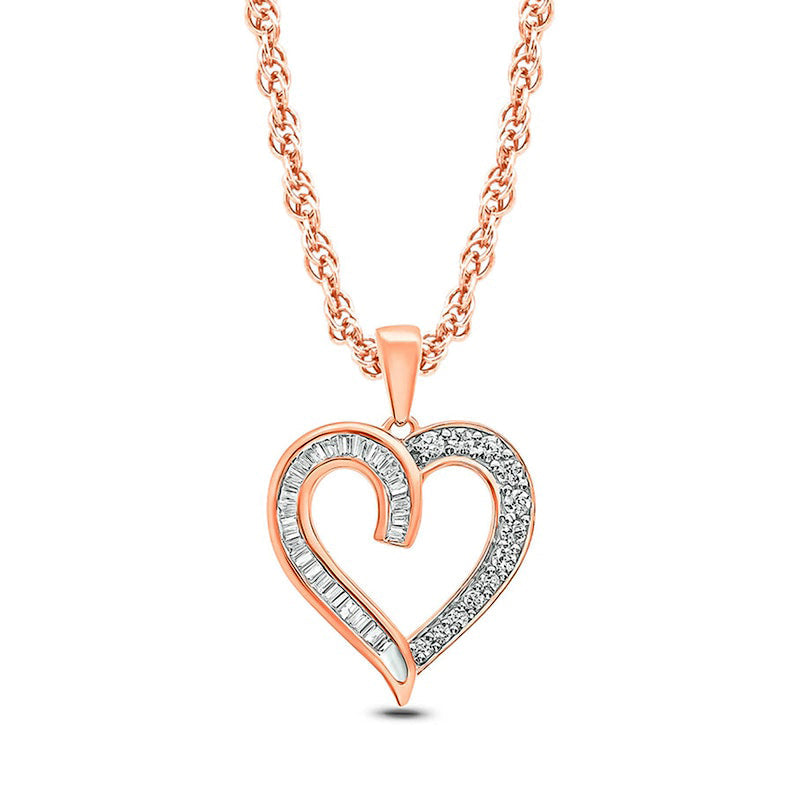 0.33 CT. T.W. Baguette and Round Natural Diamond Heart Pendant in 10K Rose Gold