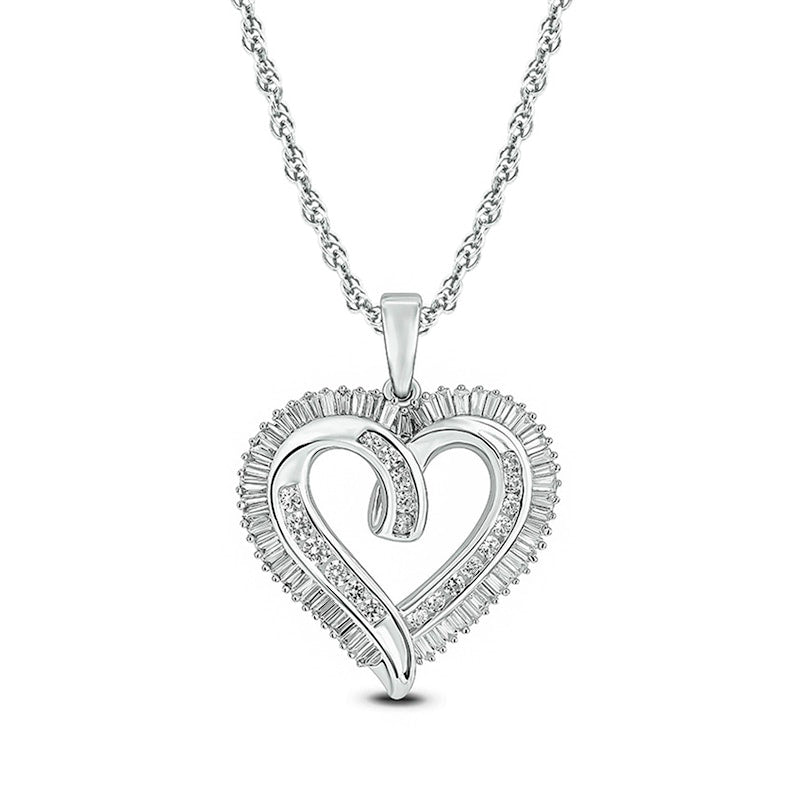 0.75 CT. T.W. Baguette and Round Natural Diamond Looped Heart Pendant in 10K White Gold