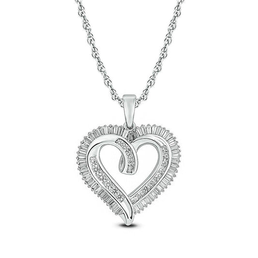 0.75 CT. T.W. Baguette and Round Natural Diamond Looped Heart Pendant in 10K White Gold