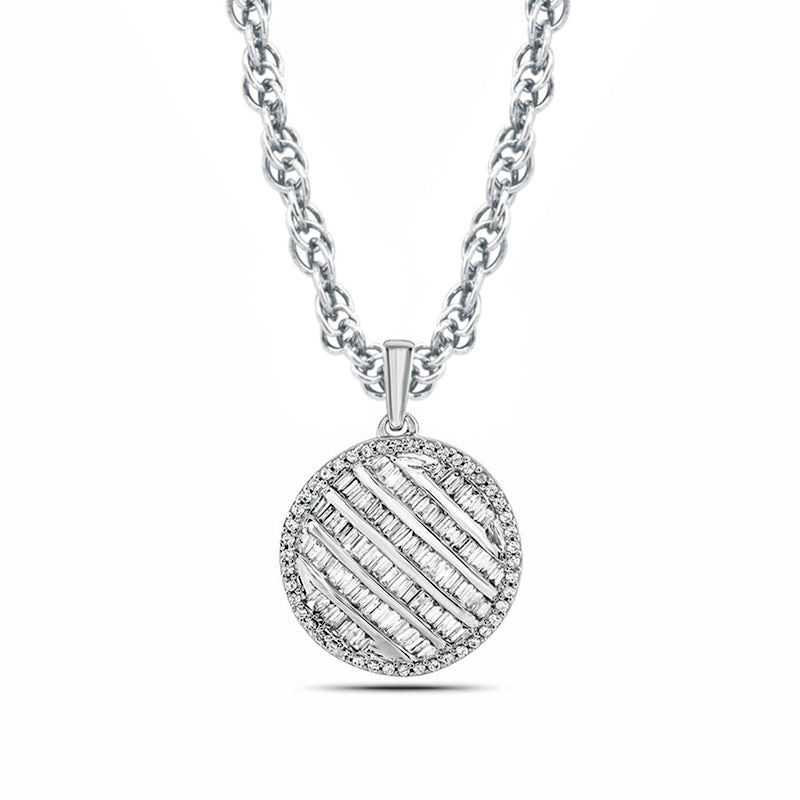0.5 CT. T.W. Baguette and Round Natural Diamond Striped Disc Pendant in 10K White Gold
