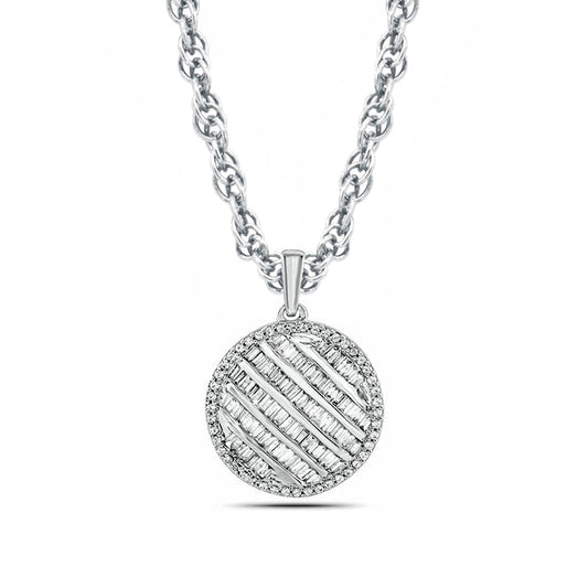 0.5 CT. T.W. Baguette and Round Natural Diamond Striped Disc Pendant in 10K White Gold