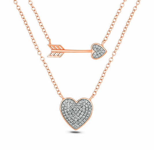 0.25 CT. T.W. Natural Diamond Sideways Arrow and Heart Double Strand Necklace in 10K Rose Gold