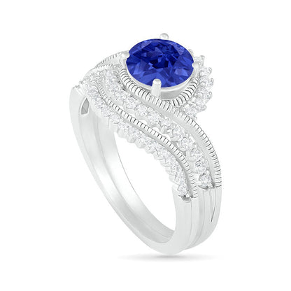 7.0mm Lab-Created Blue and White Sapphire Sunburst Bypass Frame Antique Vintage-Style Bridal Engagement Ring Set in Sterling Silver