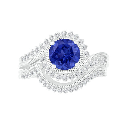 7.0mm Lab-Created Blue and White Sapphire Sunburst Bypass Frame Antique Vintage-Style Bridal Engagement Ring Set in Sterling Silver