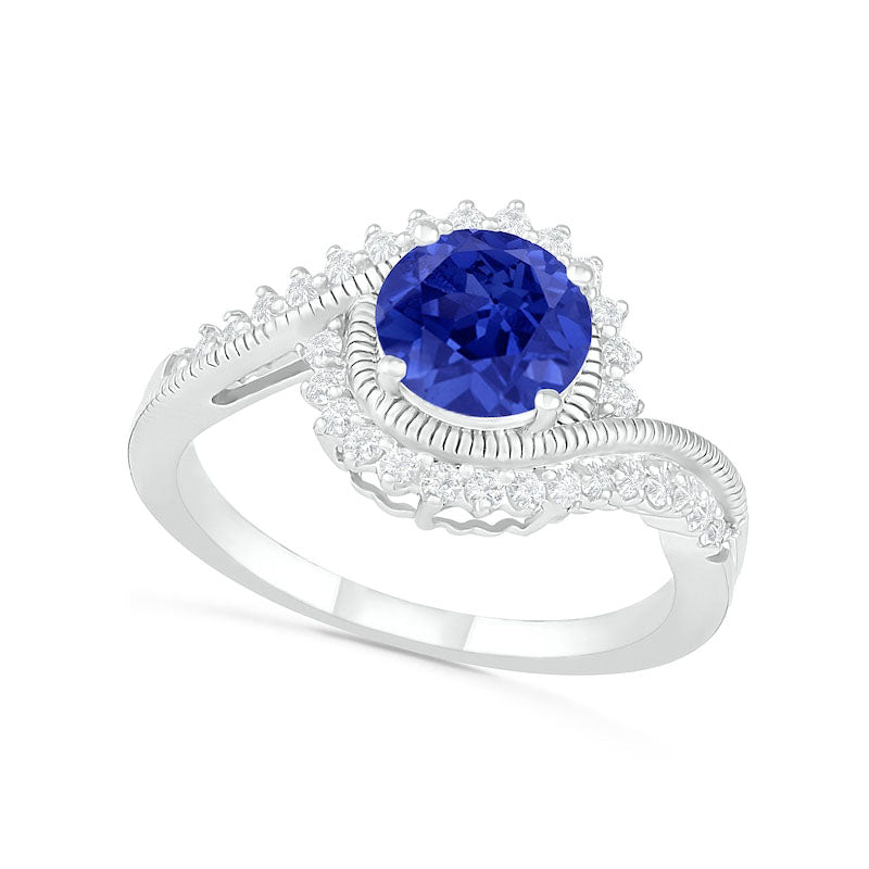7.0mm Lab-Created Blue and White Sapphire Sunburst Bypass Frame Antique Vintage-Style Bridal Engagement Ring Set in Sterling Silver