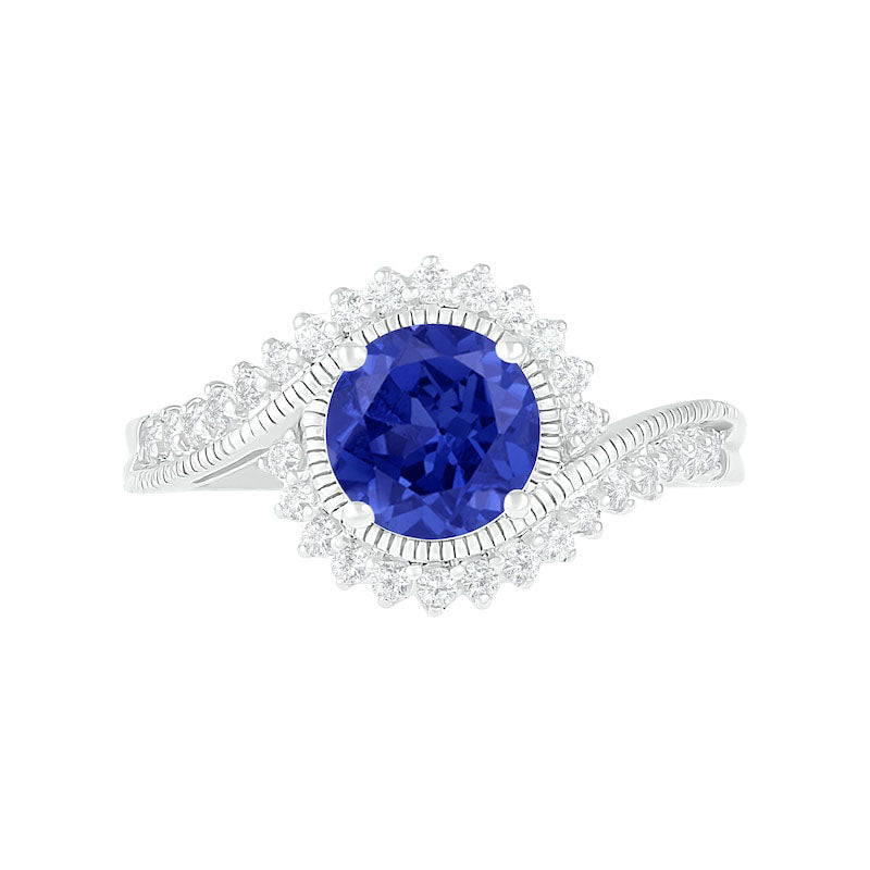 7.0mm Lab-Created Blue and White Sapphire Sunburst Bypass Frame Antique Vintage-Style Bridal Engagement Ring Set in Sterling Silver