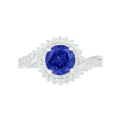 7.0mm Lab-Created Blue and White Sapphire Sunburst Bypass Frame Antique Vintage-Style Bridal Engagement Ring Set in Sterling Silver