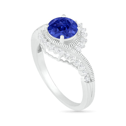 7.0mm Lab-Created Blue and White Sapphire Sunburst Bypass Frame Antique Vintage-Style Bridal Engagement Ring Set in Sterling Silver