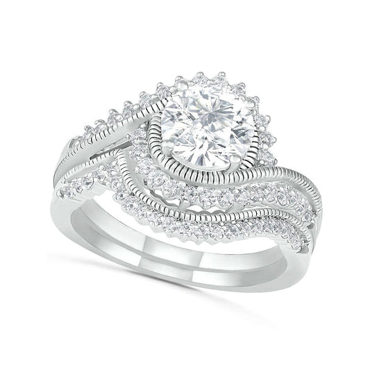 7.0mm White Lab-Created Sapphire Sunburst Bypass Frame Antique Vintage-Style Bridal Engagement Ring Set in Sterling Silver