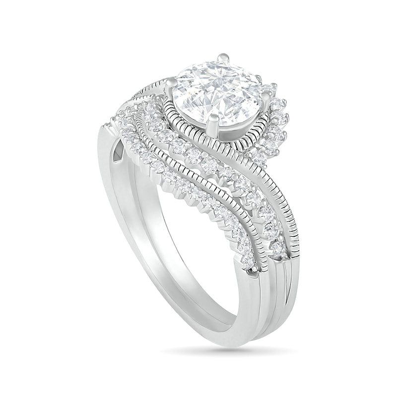 7.0mm White Lab-Created Sapphire Sunburst Bypass Frame Antique Vintage-Style Bridal Engagement Ring Set in Sterling Silver