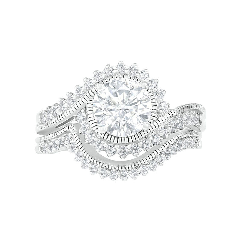 7.0mm White Lab-Created Sapphire Sunburst Bypass Frame Antique Vintage-Style Bridal Engagement Ring Set in Sterling Silver
