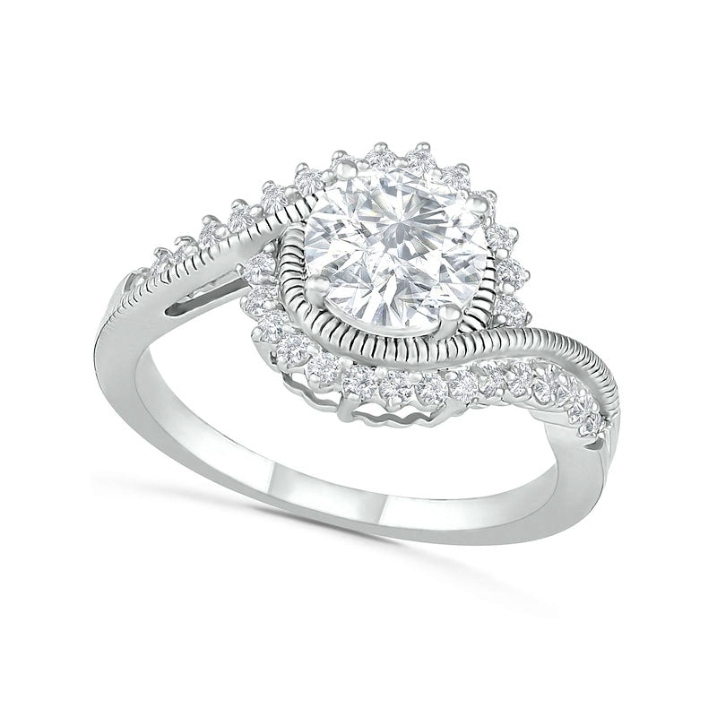 7.0mm White Lab-Created Sapphire Sunburst Bypass Frame Antique Vintage-Style Bridal Engagement Ring Set in Sterling Silver