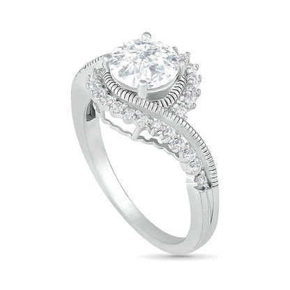 7.0mm White Lab-Created Sapphire Sunburst Bypass Frame Antique Vintage-Style Bridal Engagement Ring Set in Sterling Silver