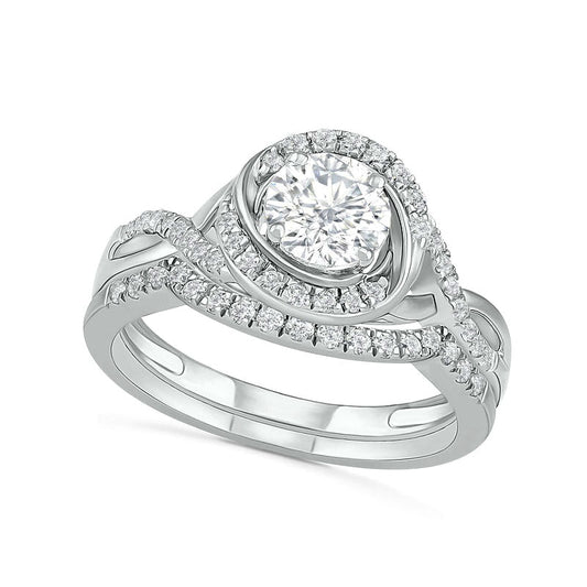 6.0mm White Lab-Created Sapphire Swirl Frame Twist Split Shank Bridal Engagement Ring Set in Sterling Silver