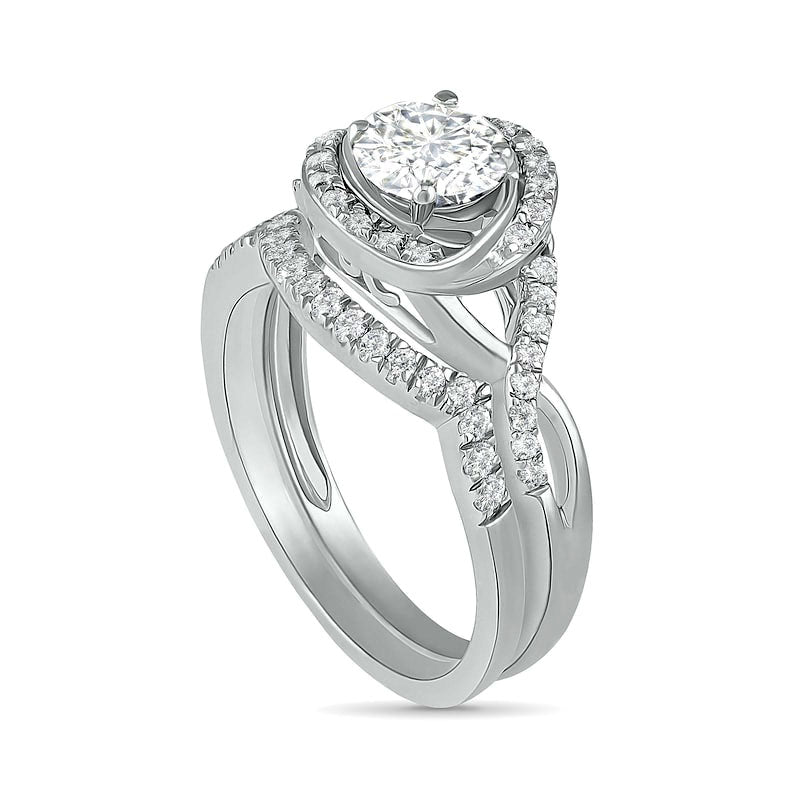6.0mm White Lab-Created Sapphire Swirl Frame Twist Split Shank Bridal Engagement Ring Set in Sterling Silver